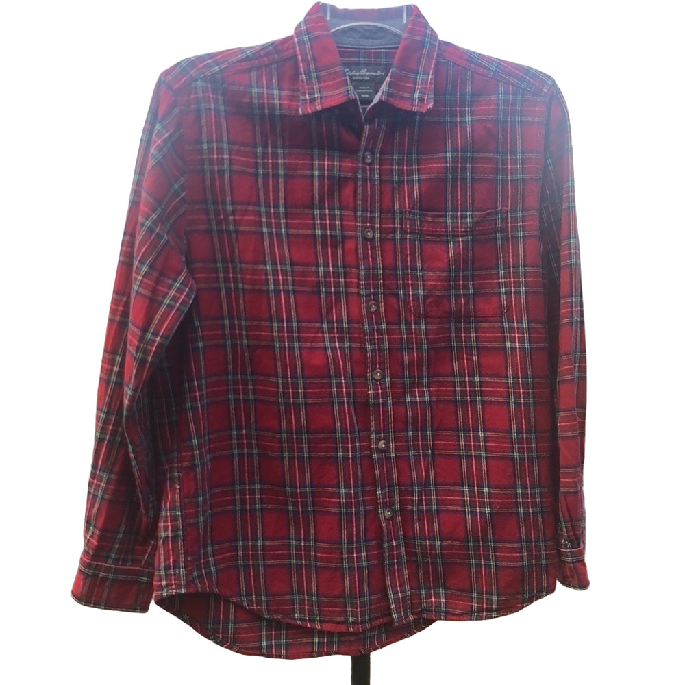 EDDIE BAUER Men's Medium Red  Plaid Flannel Button Down  USED Good Condition